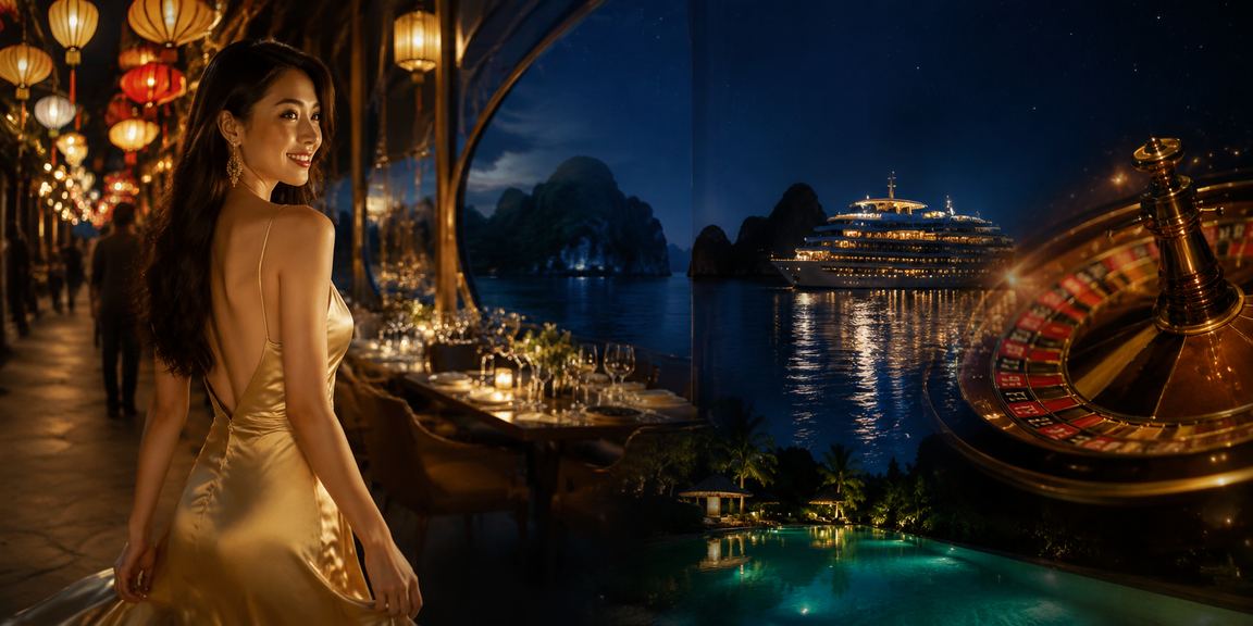 Khung cảnh chợ đêm Hạ Long với trò chơi roulette và không khí sôi động về đêm